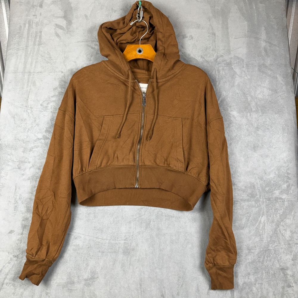 Aeropostale Womens XS Brown Cropped Full Zip Hoodie Fleece Sweatshirt 5873